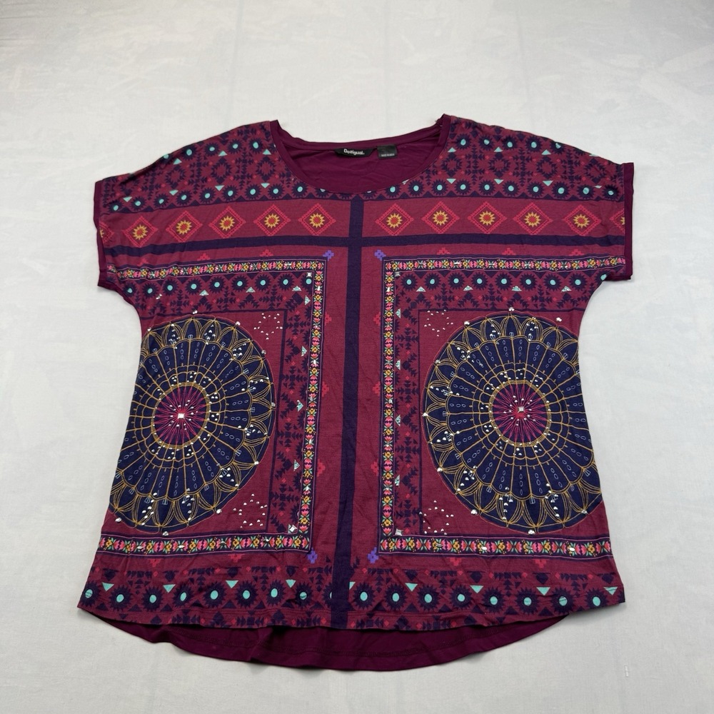 Desigual Women's L Short Sleeve Colorful Mandala Print Boho Top Artsy
